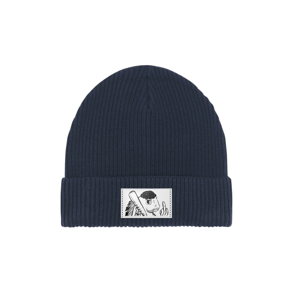 Dunkelblaue Beanie mit Micha Finger Character-Patch