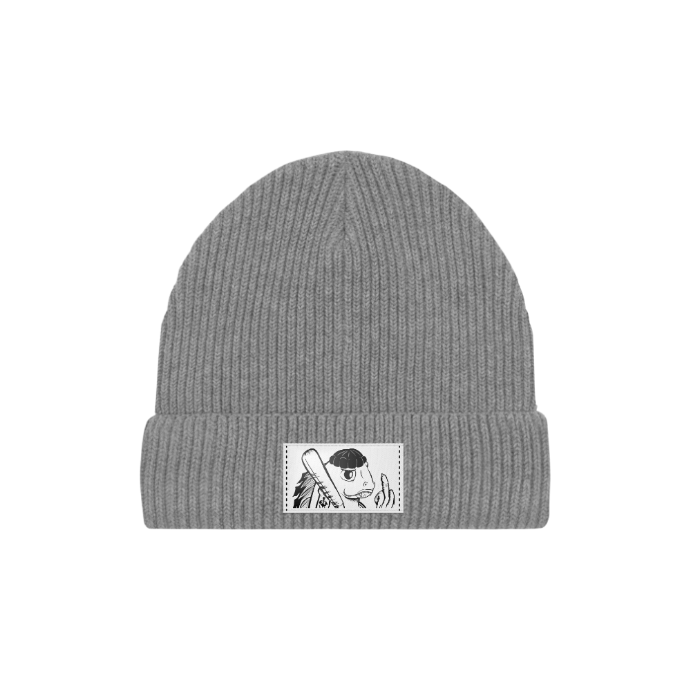 Graue Beanie mit Micha Finger Character-Patch