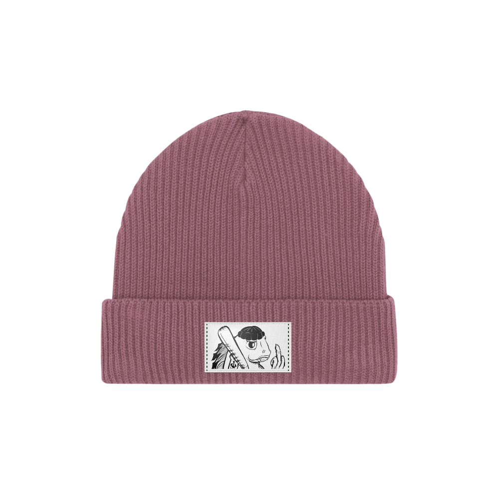Rosa Beanie mit Micha Finger Character-Patch
