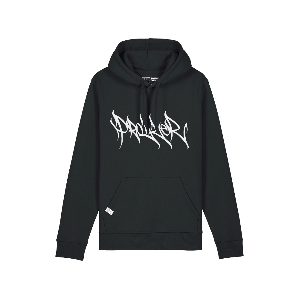 Schwarzer Hoodie mit weißem Proller Graffiti-Schriftzug