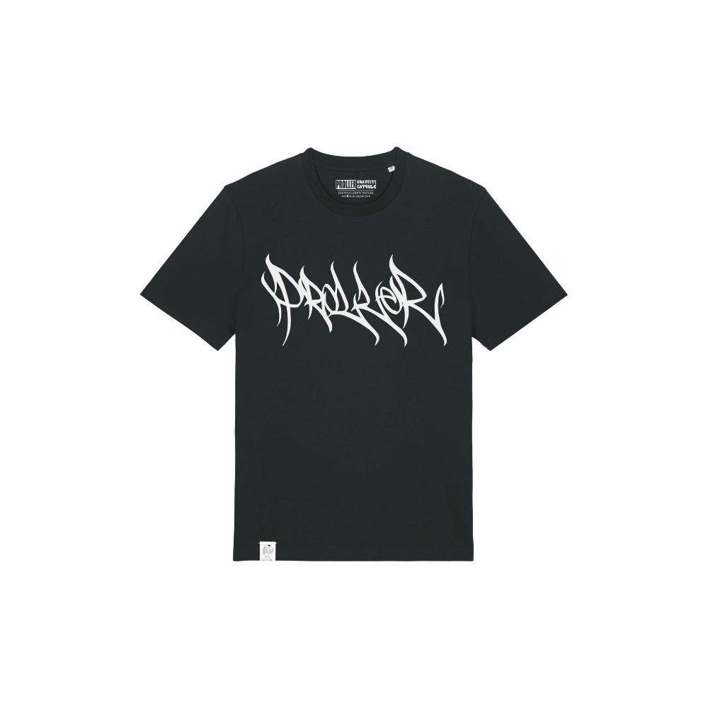 Schwarzes T-Shirt mit weißem Proller Graffiti-Schriftzug