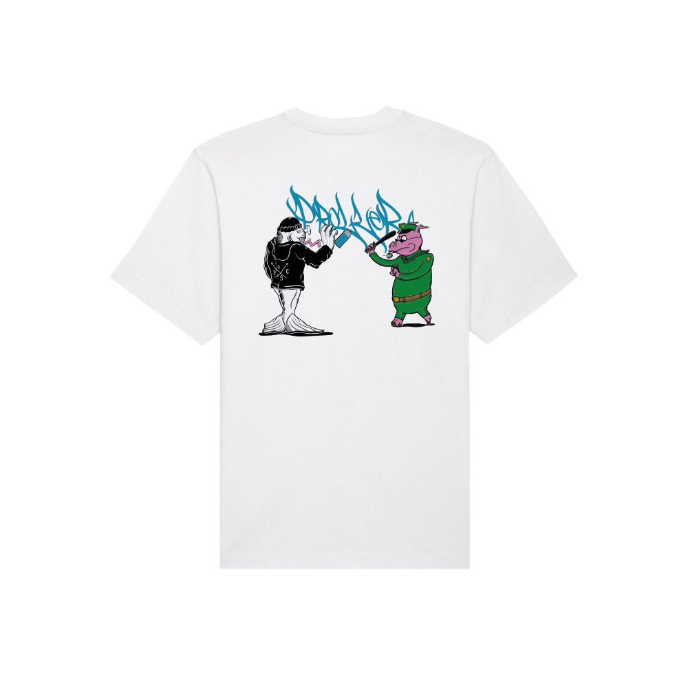 Weißes T-Shirt Rückseite mit zwei Graffiti-Charakteren