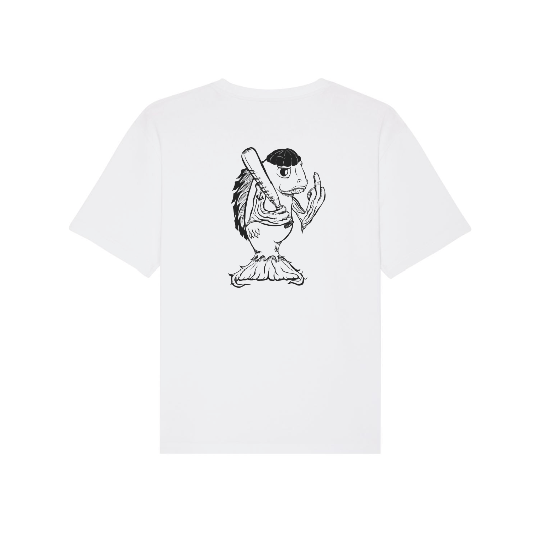 Weißes T-Shirt mit Micha Finger Character-Illustration auf der Rückseite